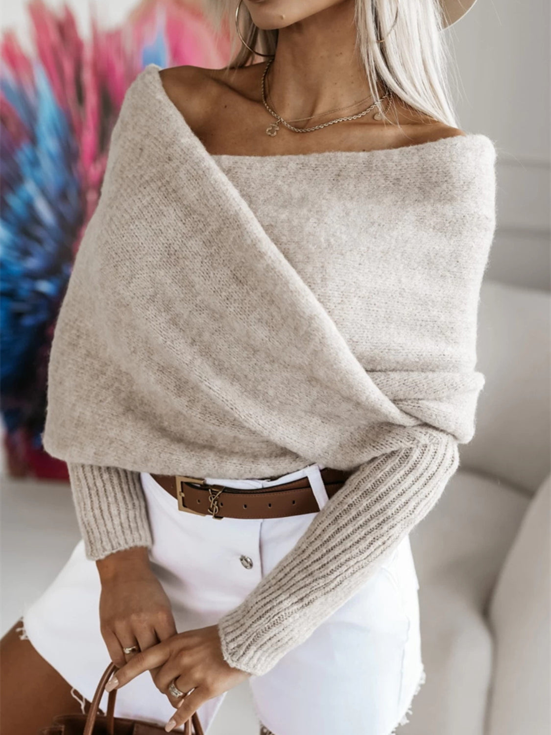 Taupe Wrap Front Cropped Knit Top Long Sleeve Sweater - Image 5