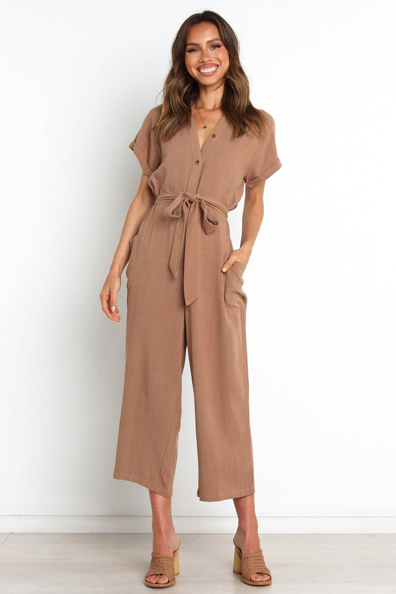 Women's V-Neck Button Front Cropped Wide-Leg Jumpsuit
