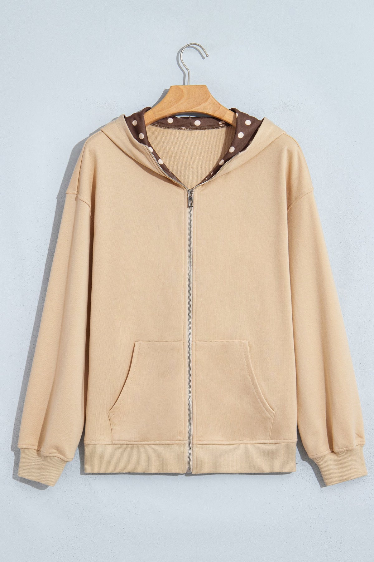 Polka Dot Drop Shoulder Zip-Up Hooded Sweatshirt
