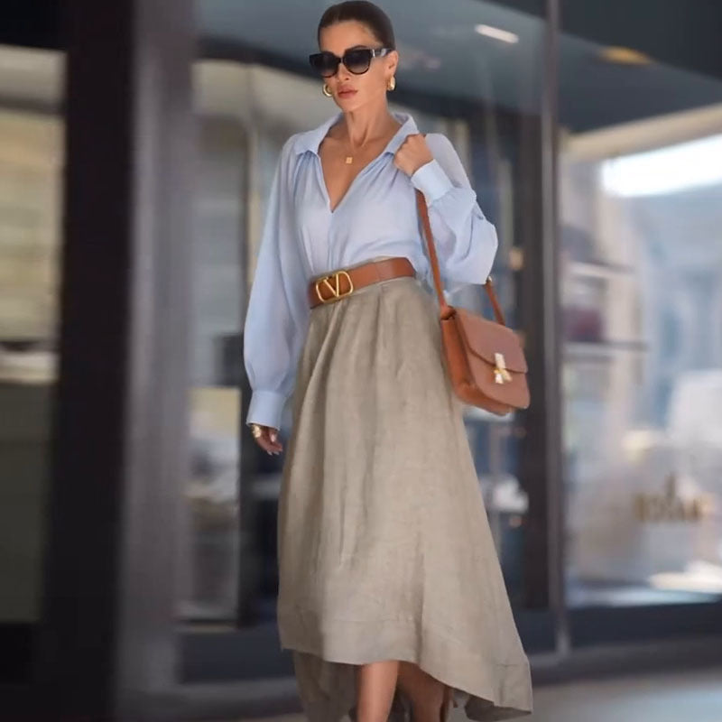 Minimalist A-Line Middle Length Skirt in Light Khaki