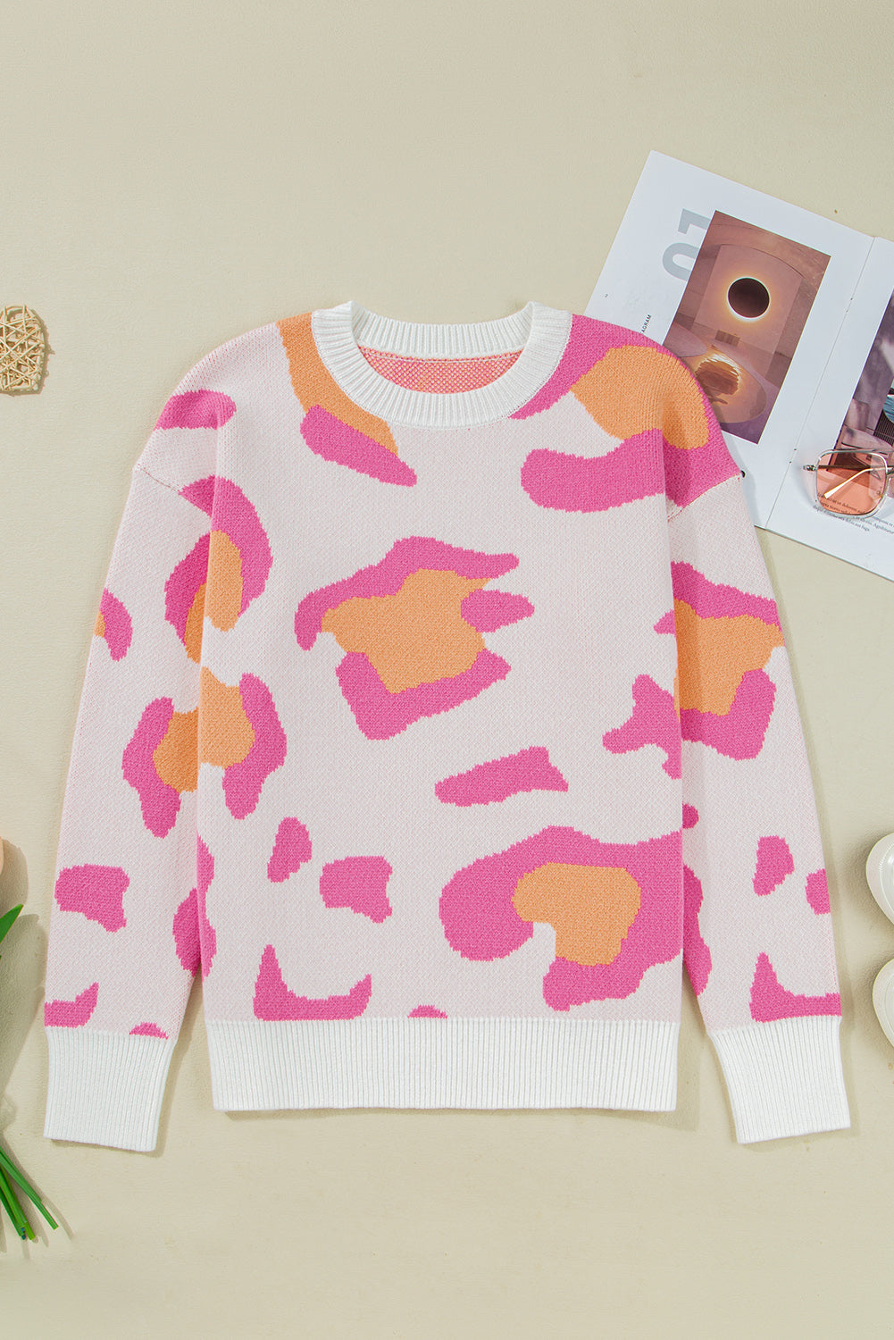 Women's Leopard Print Drop Shoulder Sweater in White, Pink, Orange