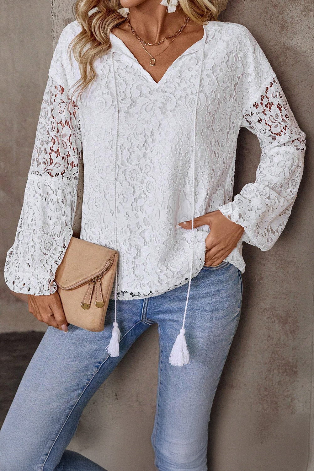 White Cutout Lace Elegant Tie V-neck Blouse
