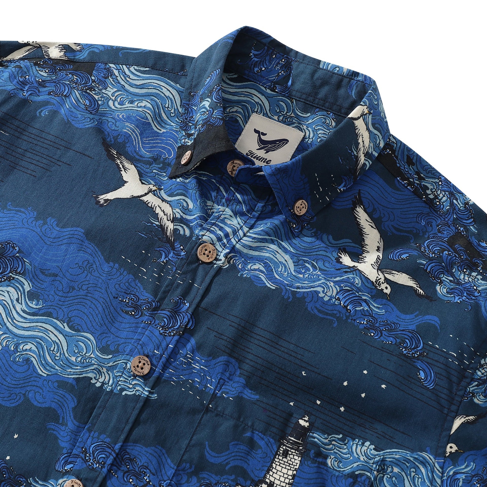 Lighthouse Print Long Sleeve Cotton Hawaiian Shirt for Men