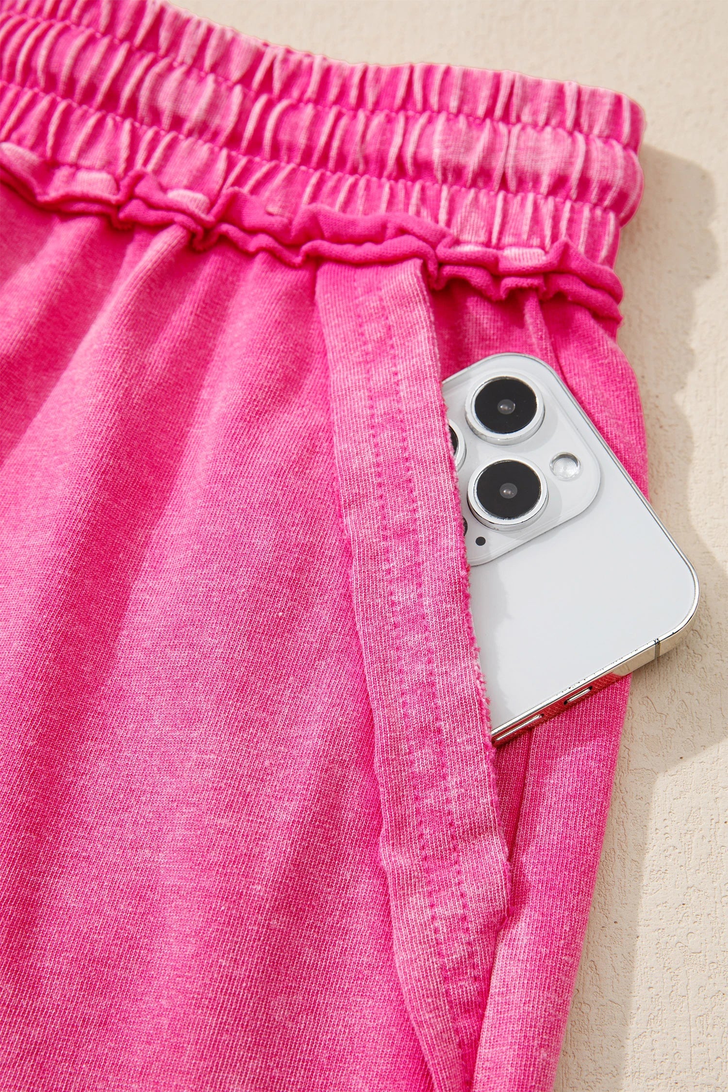 Mineral Wash Drawstring Elastic Waist Raw Cut Shorts