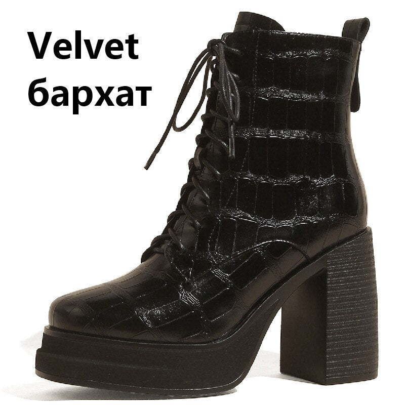 Women's Retro Fashion Embossed Chunky Heel Ankle Boots - Image 18