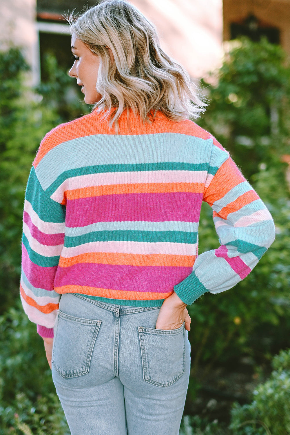 Stripe Knit Drop Shoulder Puff Sleeve Sweater