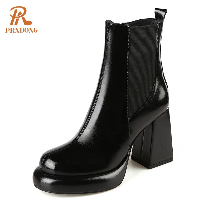Women's Genuine Leather Black Beige Chunky Platform Ankle Boots
