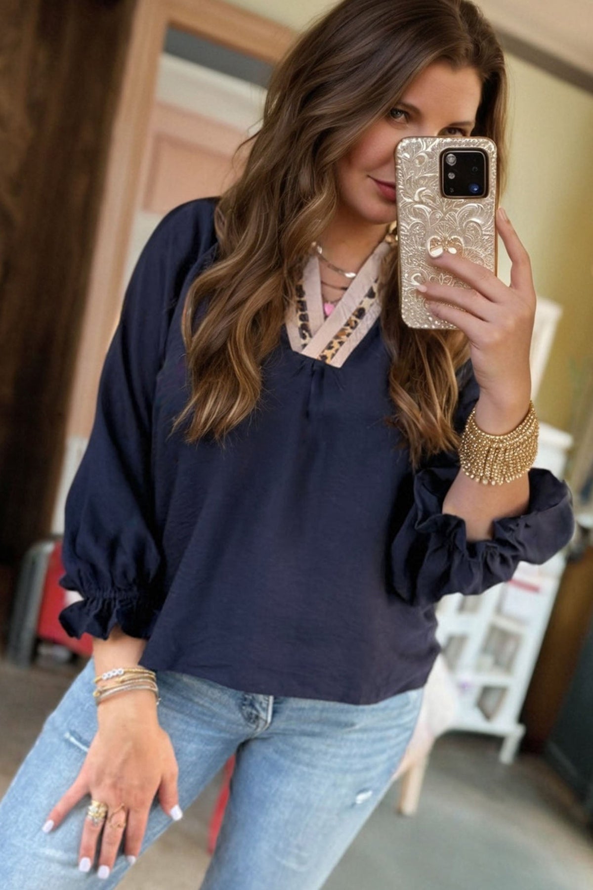 Plus Size Leopard Contrast Collar Long Sleeve Blouse