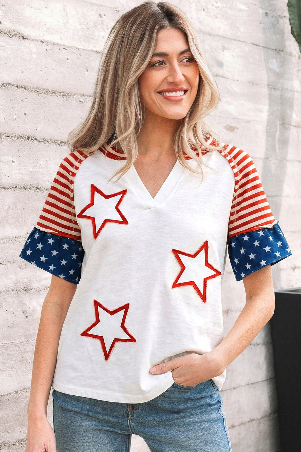 Katalina inspired short sleeve top in red, white, and blue with star and stripe patchwork details.