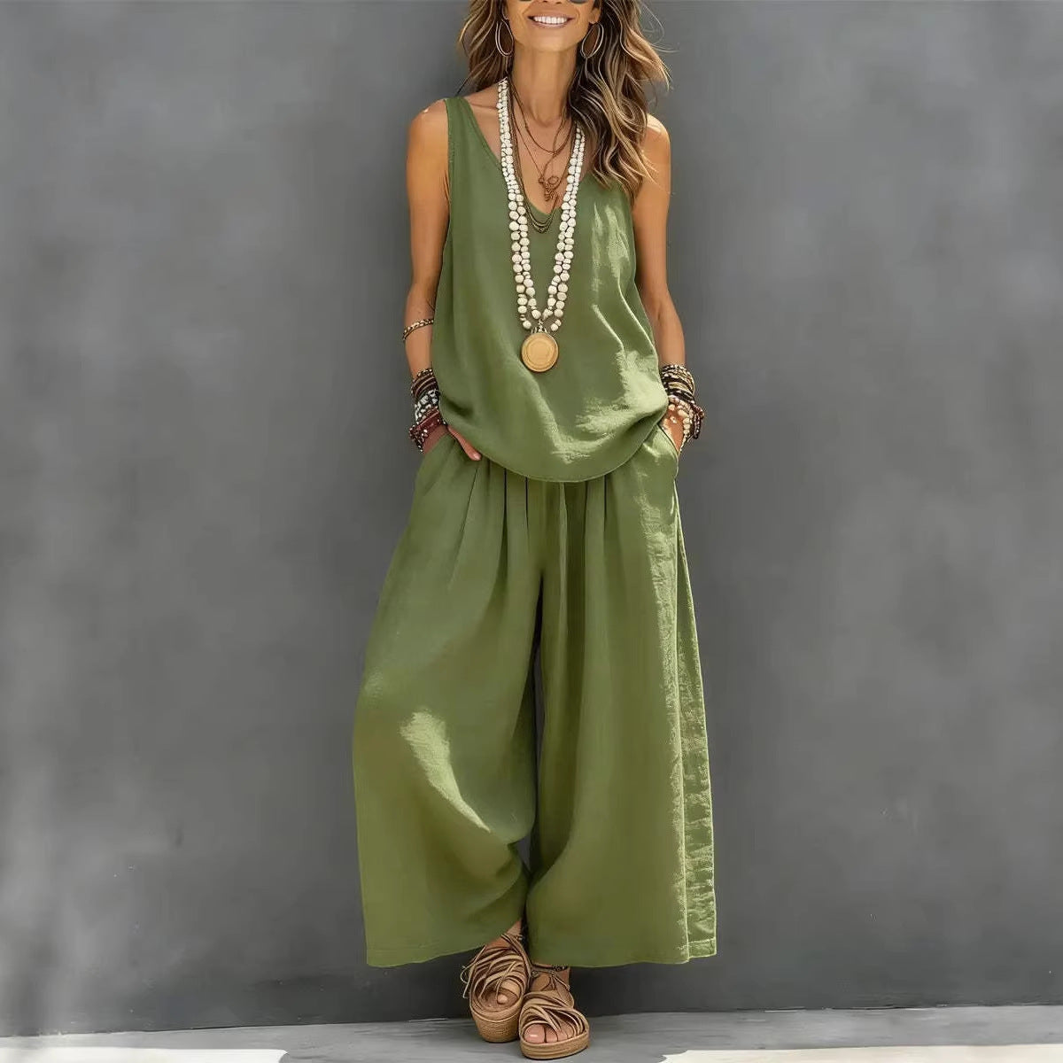 A woman wearing a two-piece set consisting of a sleeveless tank top and matching wide-leg pants in olive green and white color options.