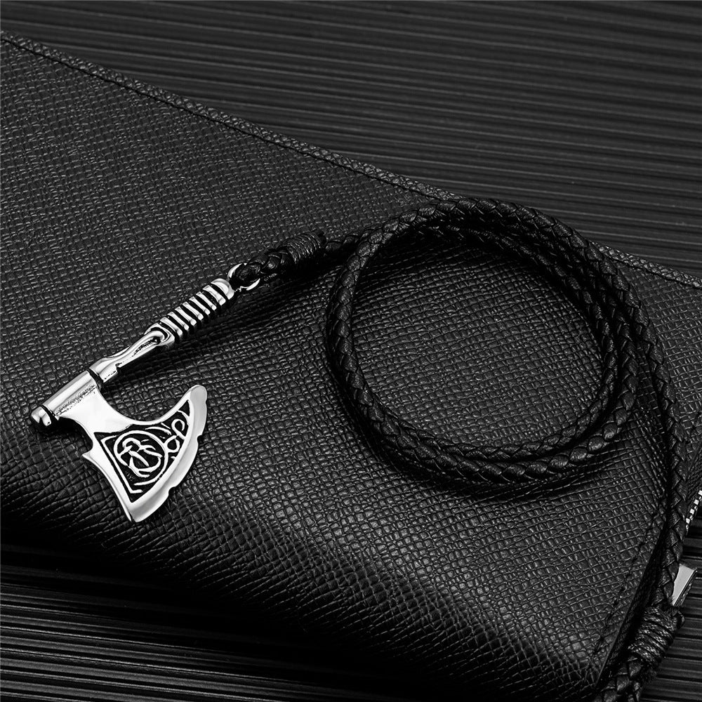 Handmade Leather and Stainless Steel Axe Pendant Rope Bracelet