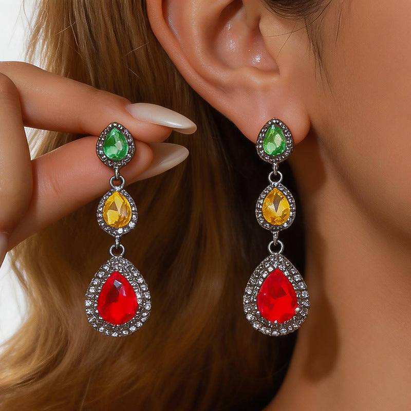 Water Drop Rhinestone Tassel Pendant Stud Earrings For Women,Palace Style Heavy Craft Exaggerated Fashion Jewelry