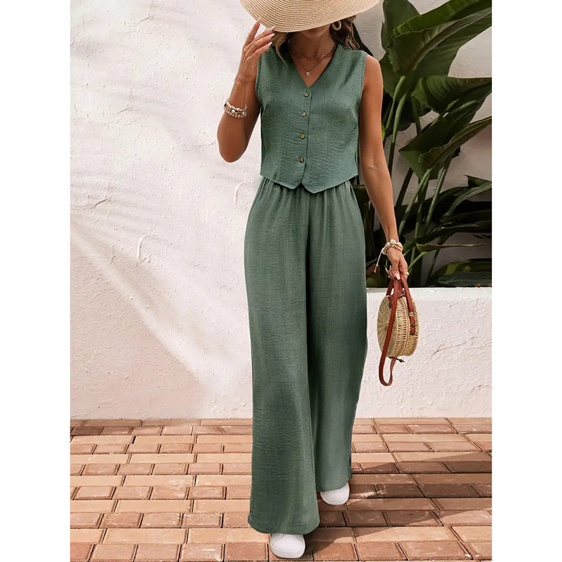 Women’s V-Neck Crop Vest and Wide-Leg Pants Matching Set