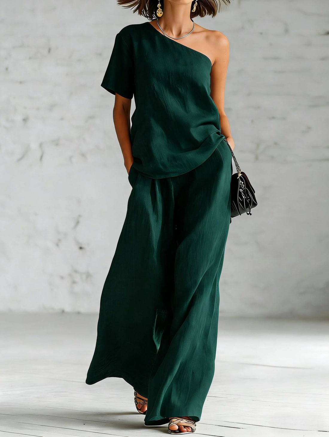 Women's One-Shoulder Top and Wide-Leg Pants Two-Piece Set - Image 8