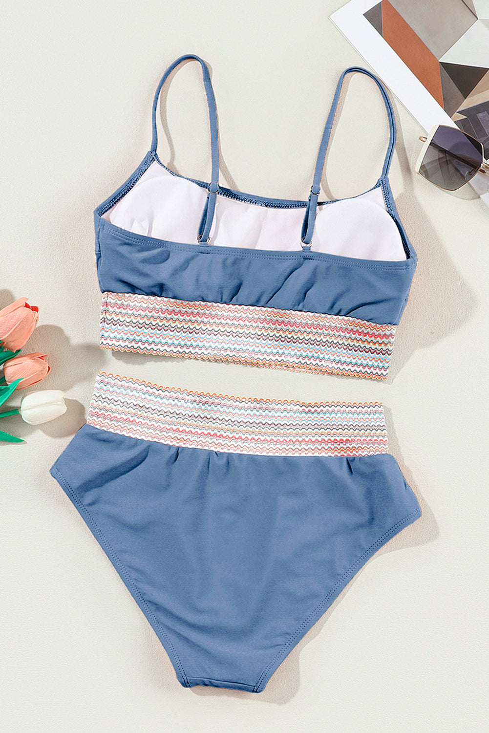 Stripe Border Top & High Waist Bikini Set in Blue Multi