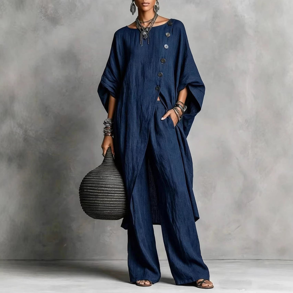 Women's Drop Shoulder Irregular Hem Tunic and Wide Leg Pants Set - Image 4