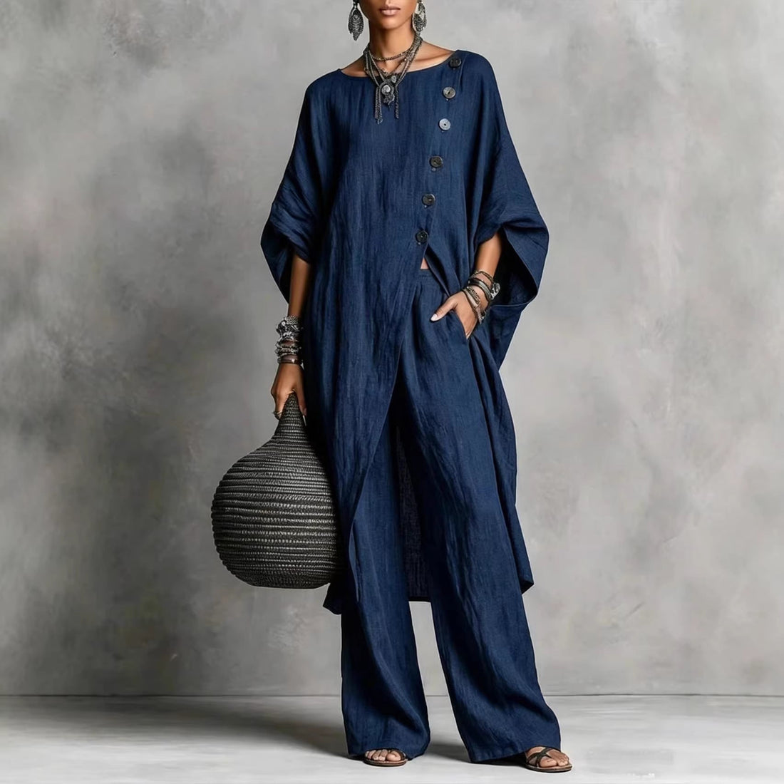 Women's Drop Shoulder Irregular Hem Tunic and Wide Leg Pants Set - Image 4
