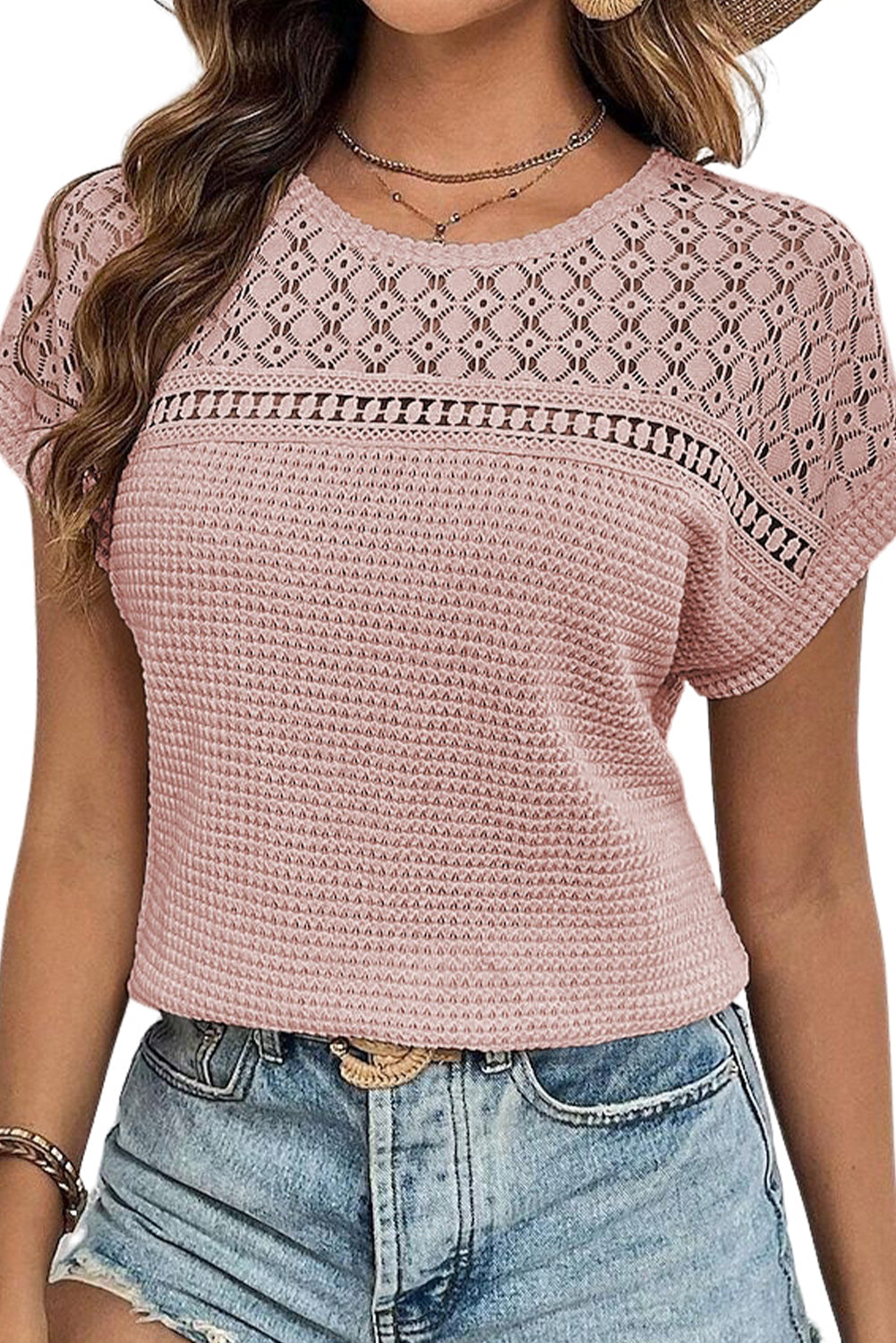 Oatmeal Hollow Patchwork Waffle Knit Top