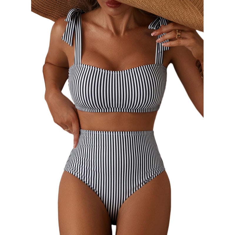 Tie-Shoulder Striped High-Waisted Bikini Set Two-Piece Swimsuit