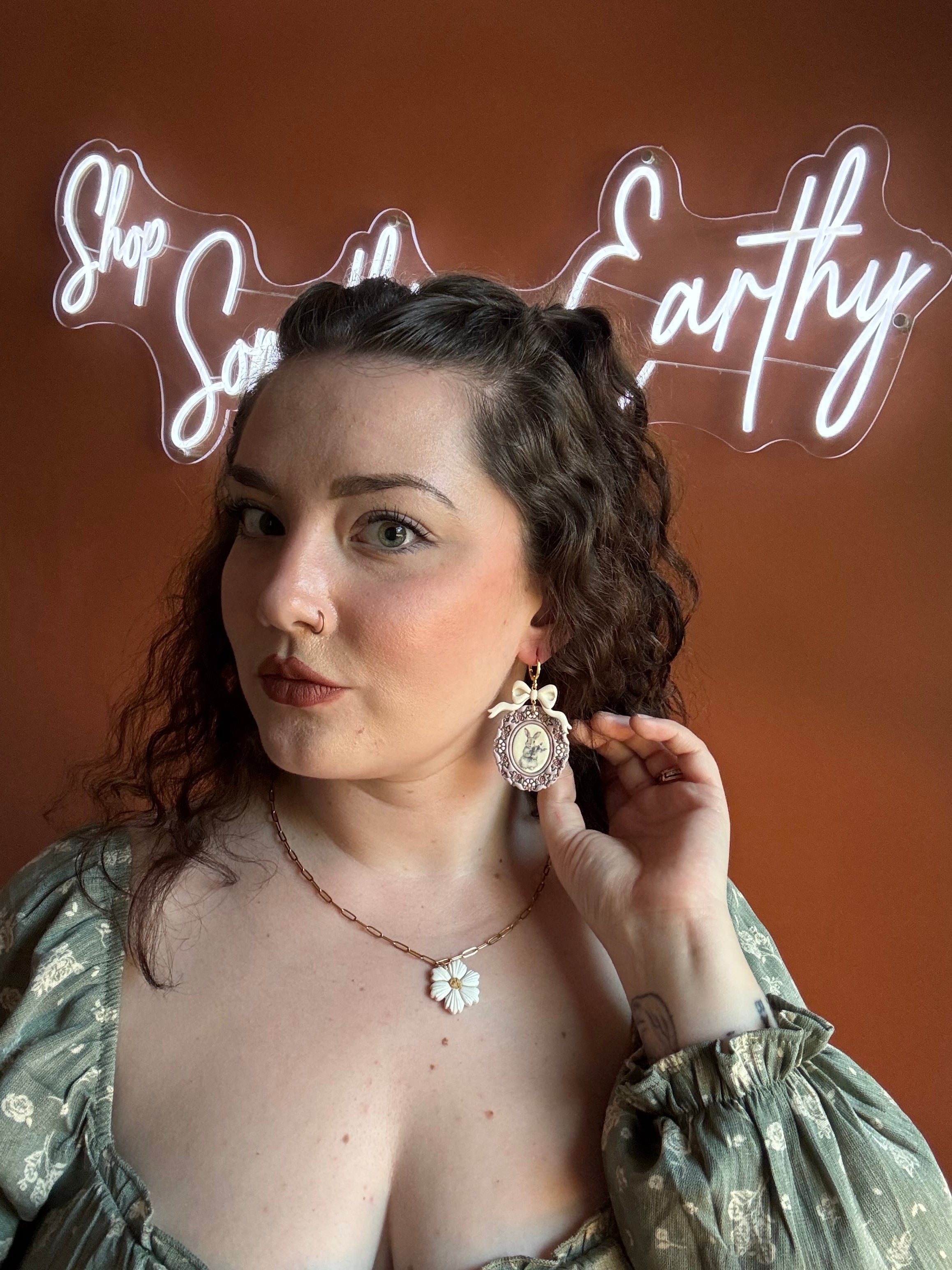 Lavender Bunny Frames Polymer Clay Earrings 14k Gold