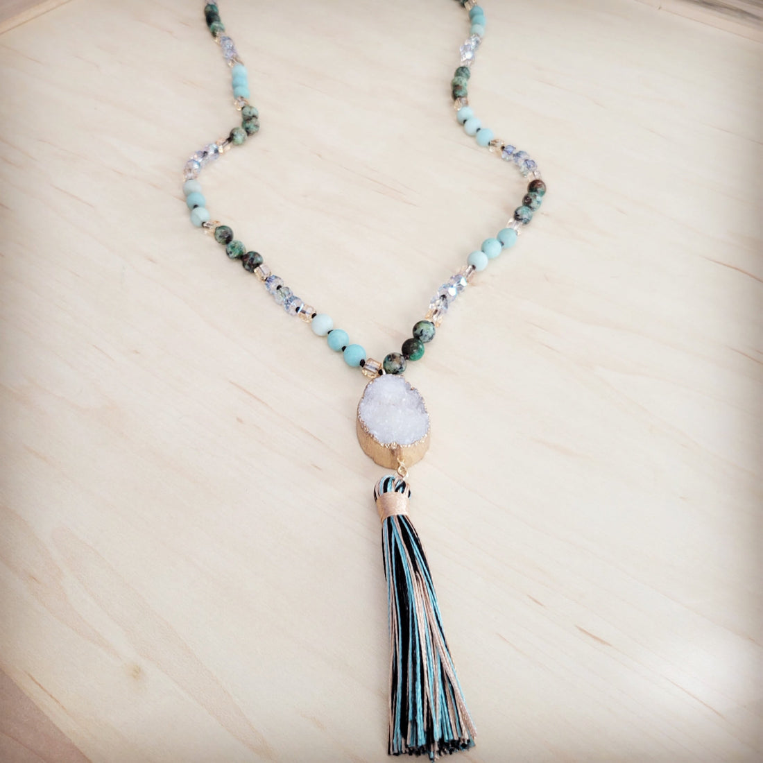 Amazonite Bead Necklace with White Druzy Pendant and Tassel