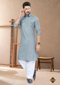 Men's grey heavy cotton straight kurta pyjama set with collar neck