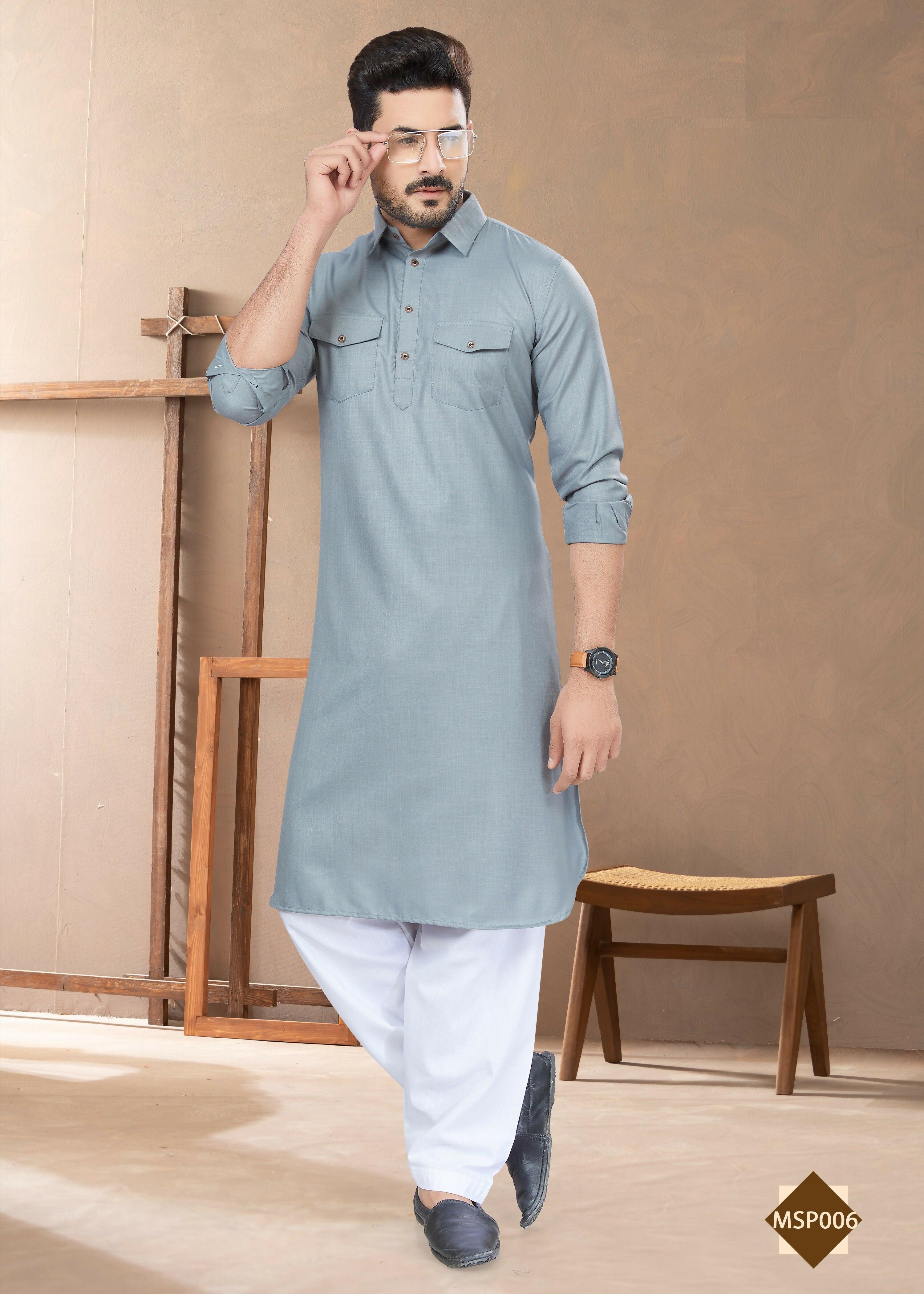 Men's grey heavy cotton straight kurta pyjama set with collar neck
