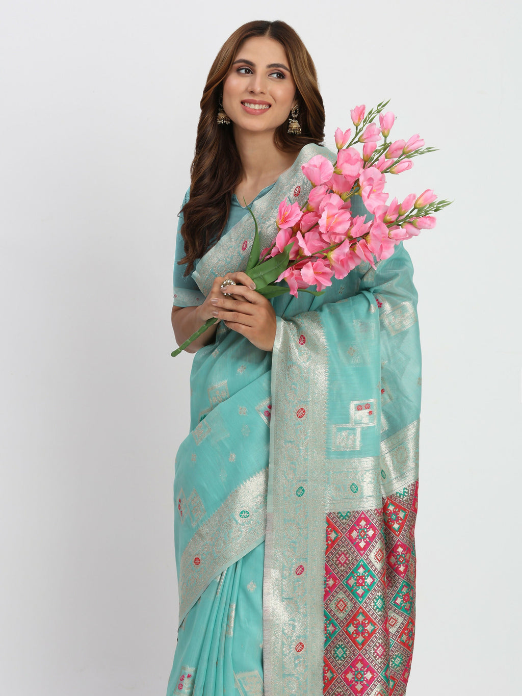 Elegant Sea Green Linen Cotton Saree with Blouse