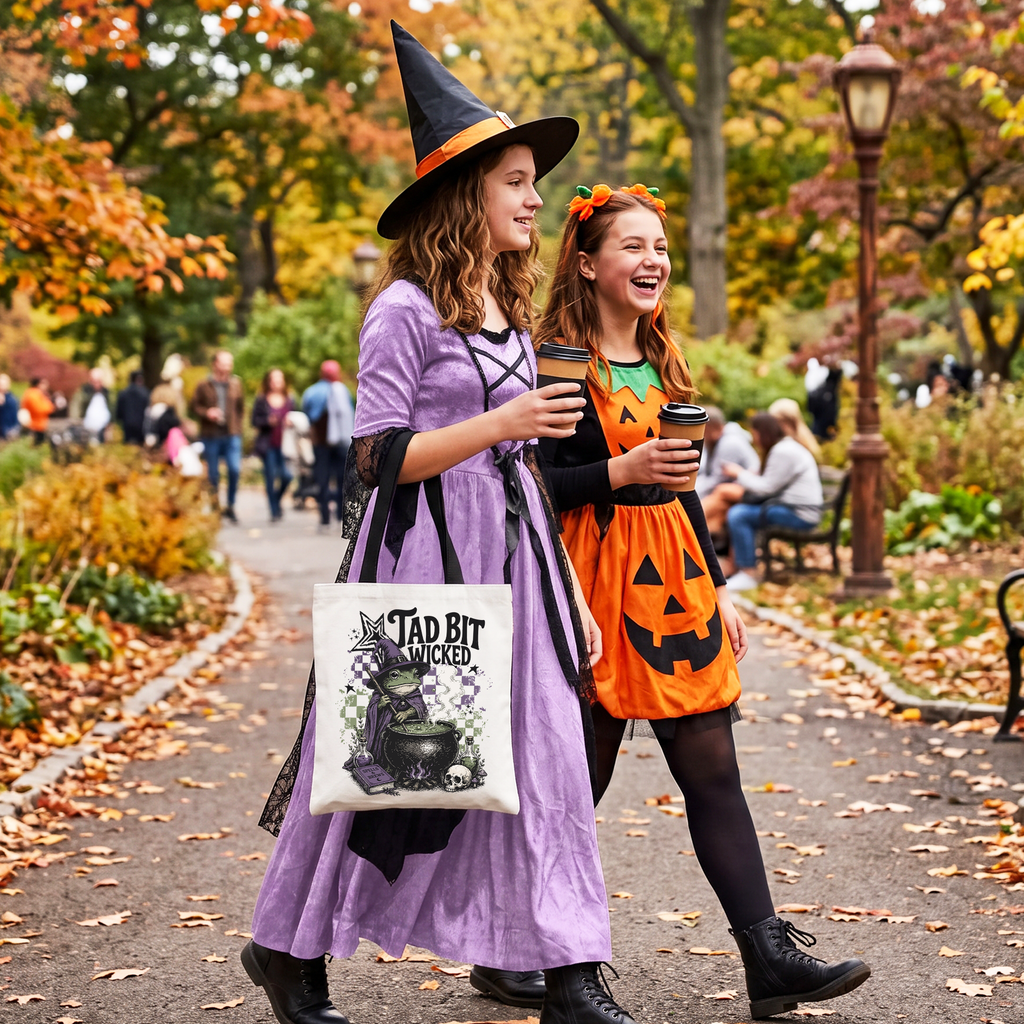 Tad Bit Wicked Frog Witch Tote Bag, Spooky Halloween Cauldron Gift Shopper