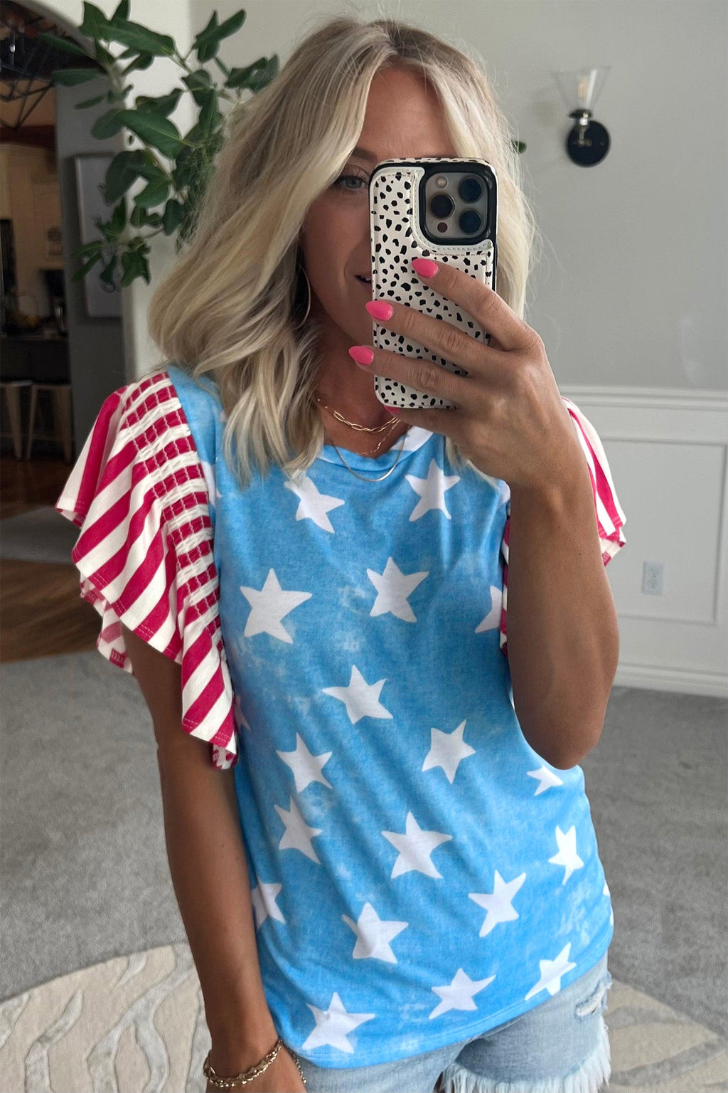 Sky Blue Star Print Striped Ruffle Sleeve Independence Day Top
