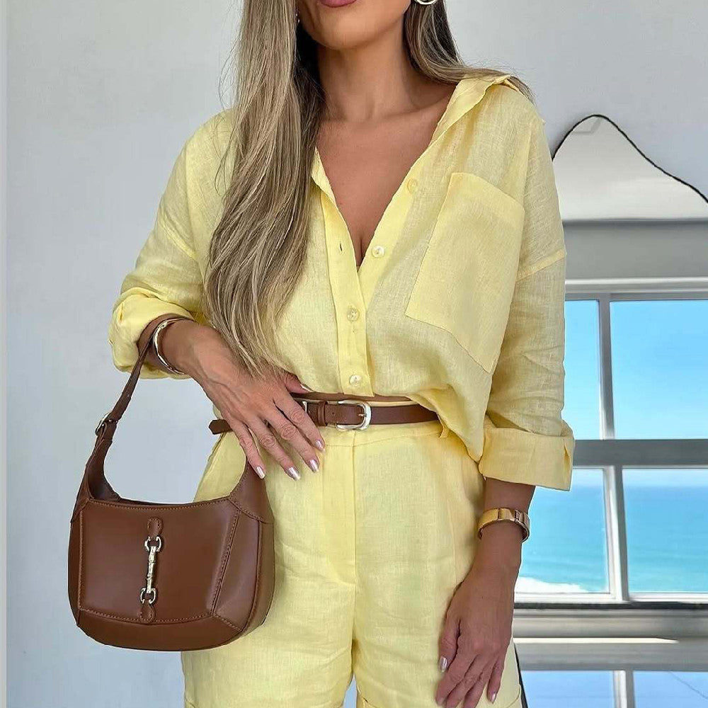 Women's Long-Sleeve Button-Down Shirt and Shorts Set