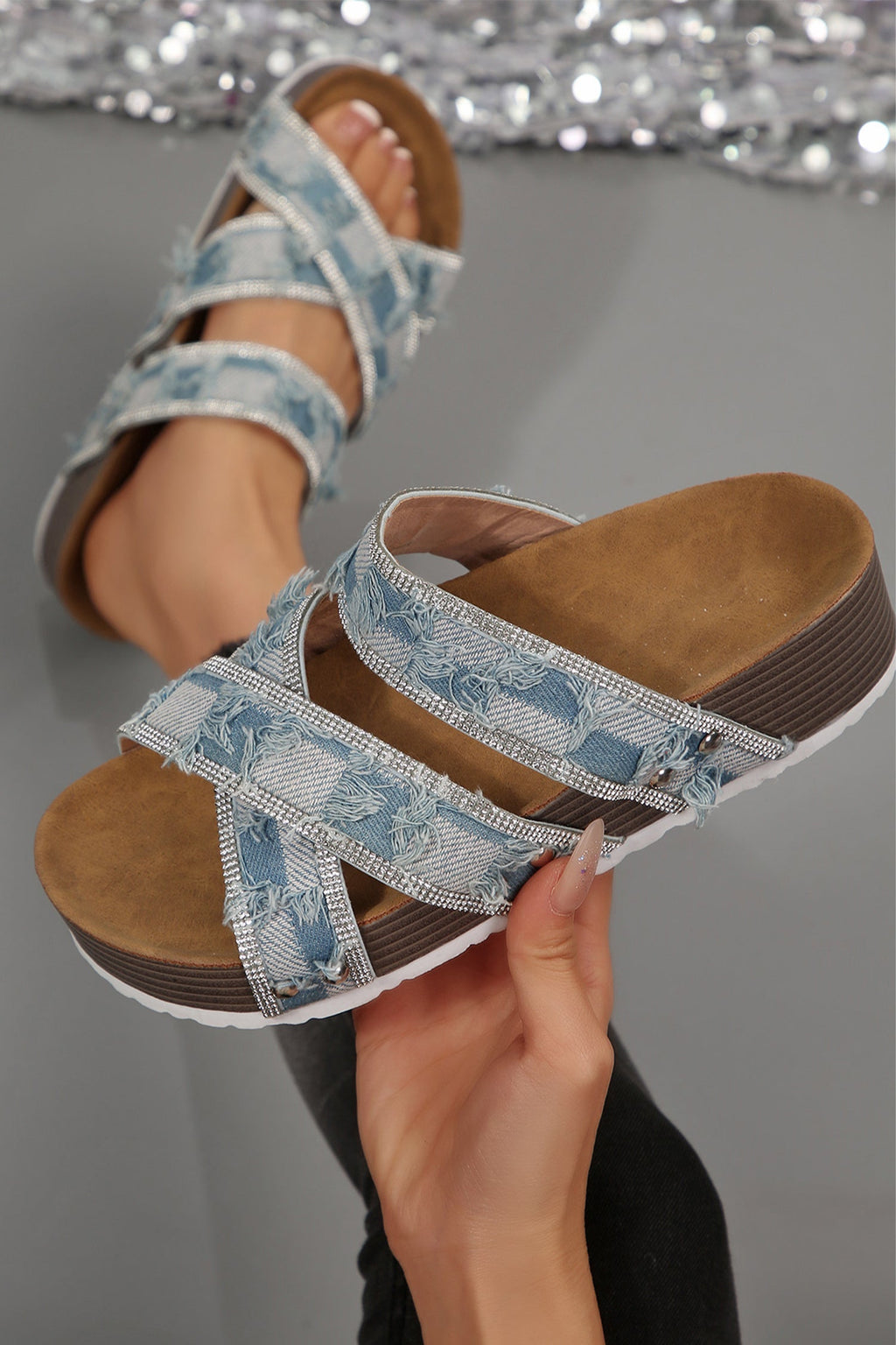 Strappy Hollowed Platform Slippers with Rhinestone Denim Details