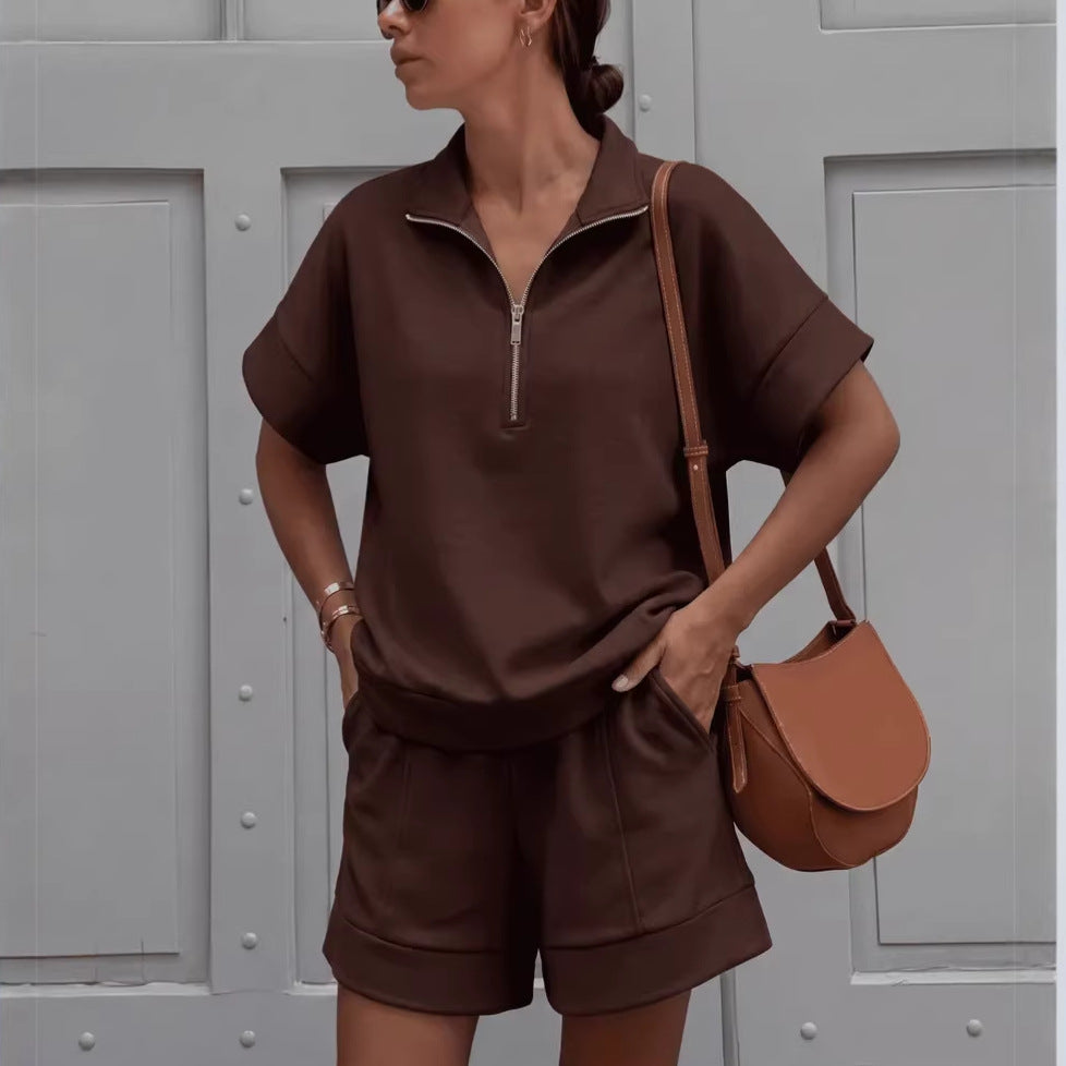 Women's Solid Color Short Sleeve Half-Zip Top and Shorts Set - Image 8