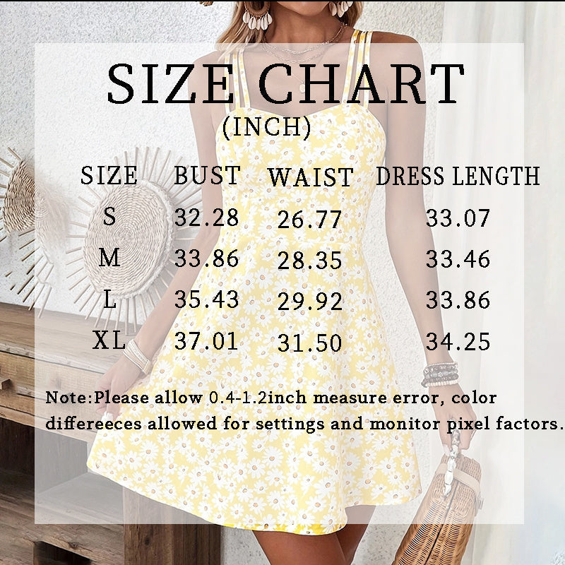Women's Yellow Floral Print Mini Cami Dress A-Line Spaghetti Strap