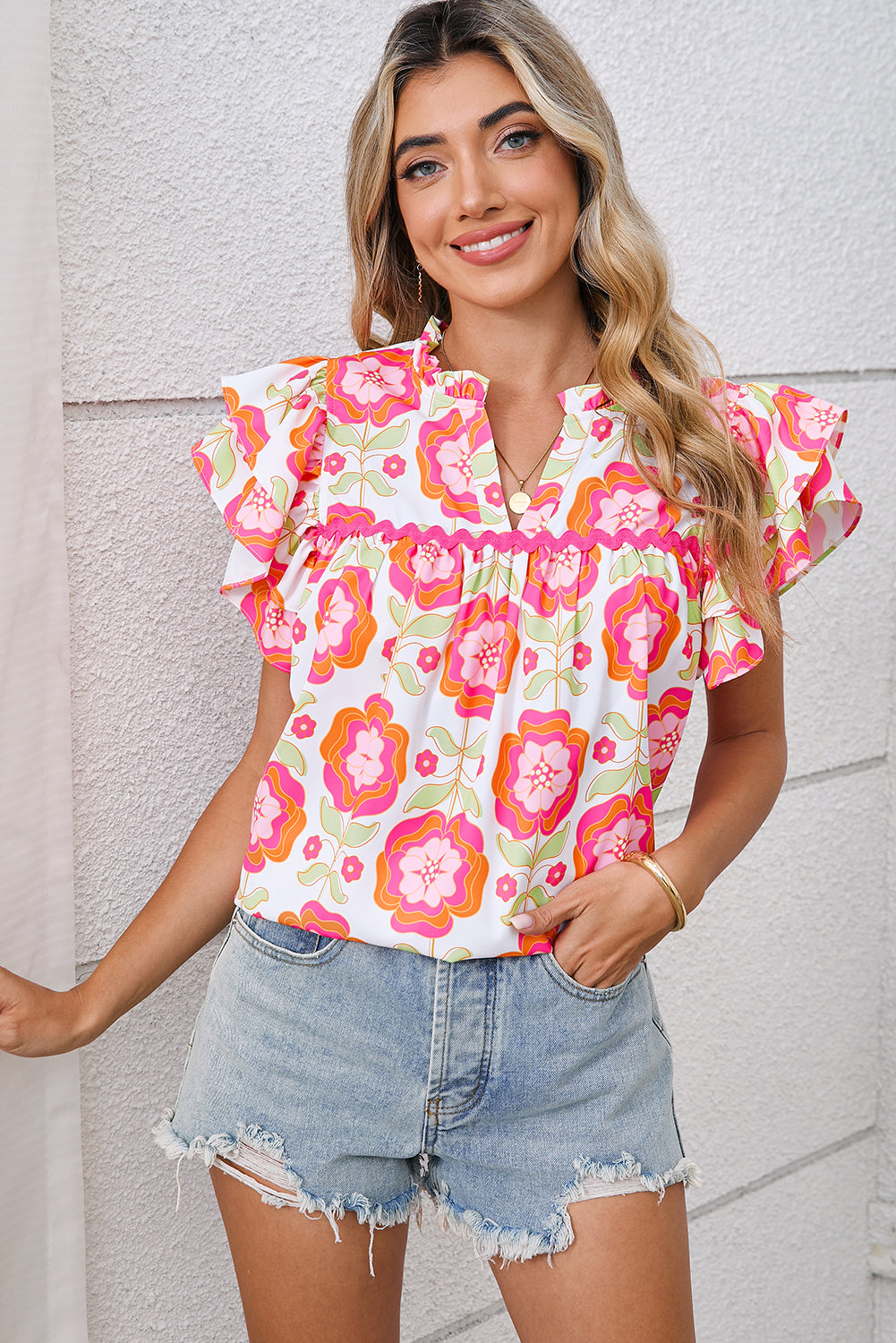 Rose Boho Floral Print Ricrac Ruffle Sleeve Blouse