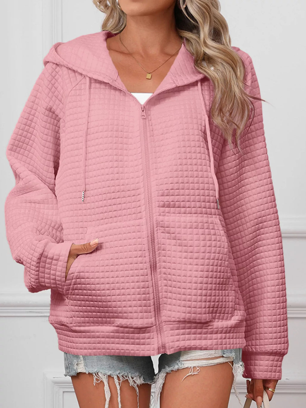 Full Size Textured Quilted Zip-Up Hooded Jacket Plus Size