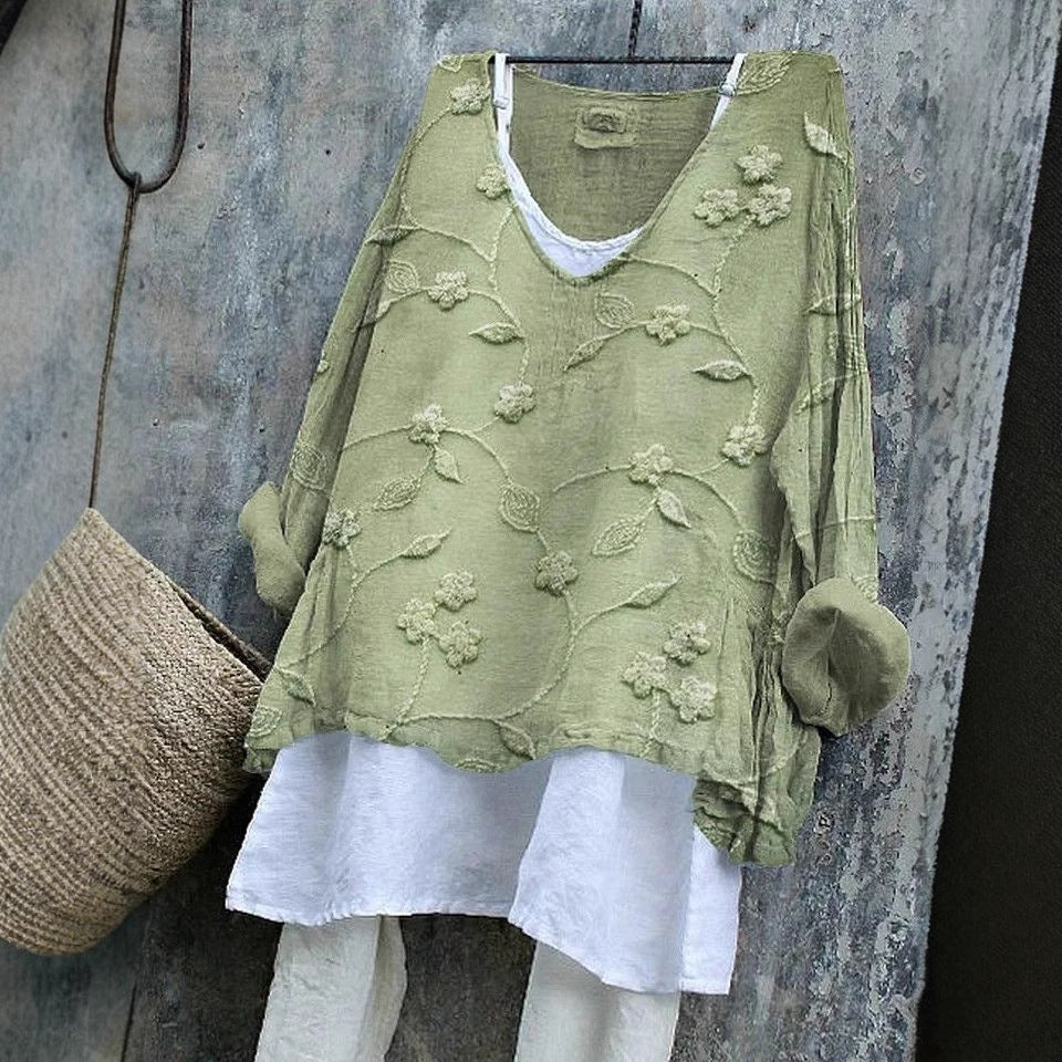 Women’s Floral Embroidered Loose Fit Layered Look Long Sleeve Top