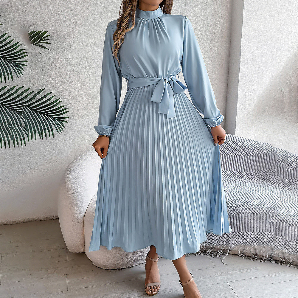 High Neck Pleated Long Sleeve Maxi Dress in Light Blue & Maroon