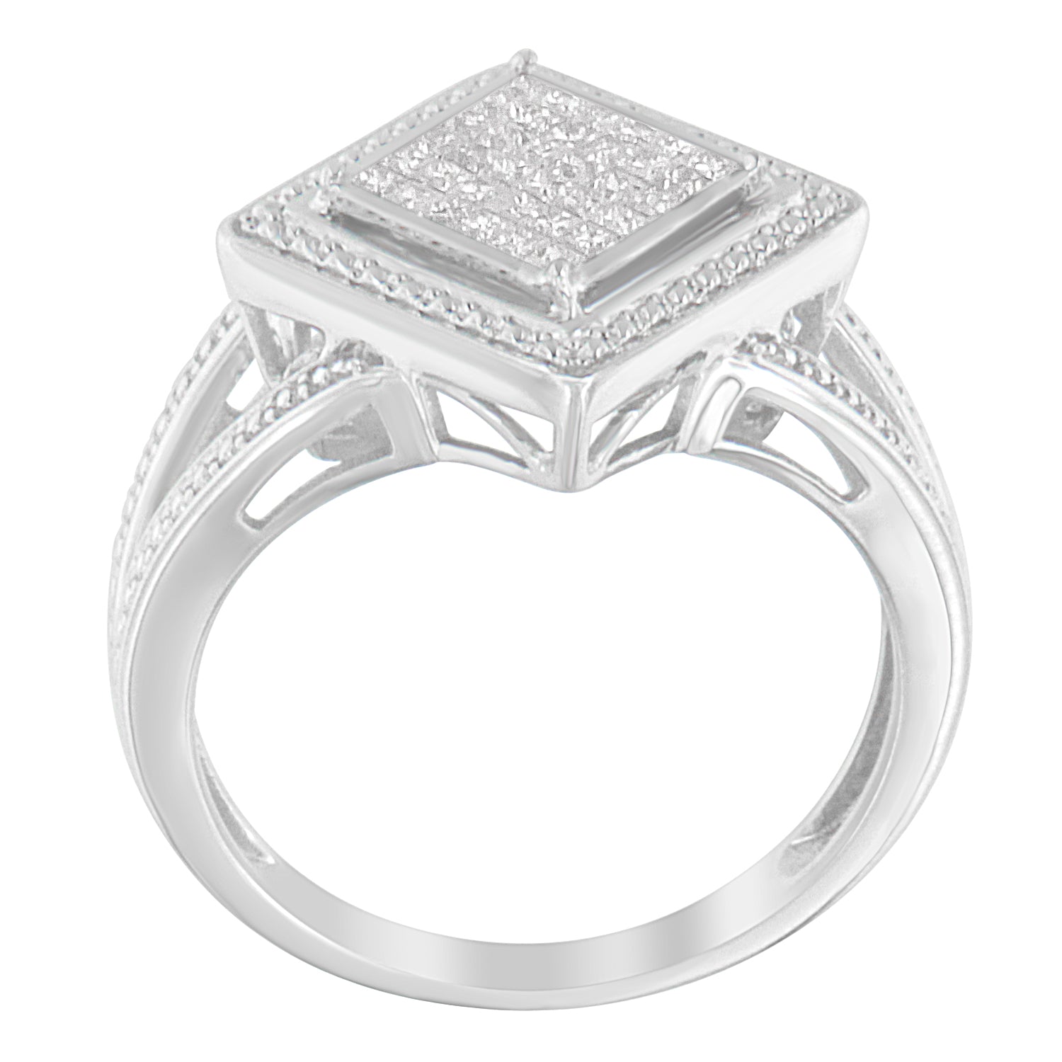 .925 Sterling Silver 1/3 Cttw Invisible Set Princess-Cut Diamond Rhombus and Beaded Halo Ring (H-I Color, SI1-SI2 Clarity) - Ring Size 7