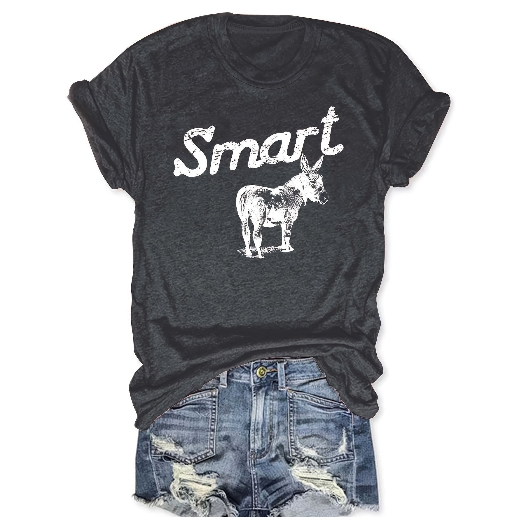 Women's Round Neck Short Sleeve T-Shirt Grey Donkey Graphic Tee