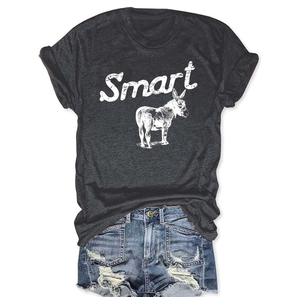 Women's Round Neck Short Sleeve T-Shirt Grey Donkey Graphic Tee