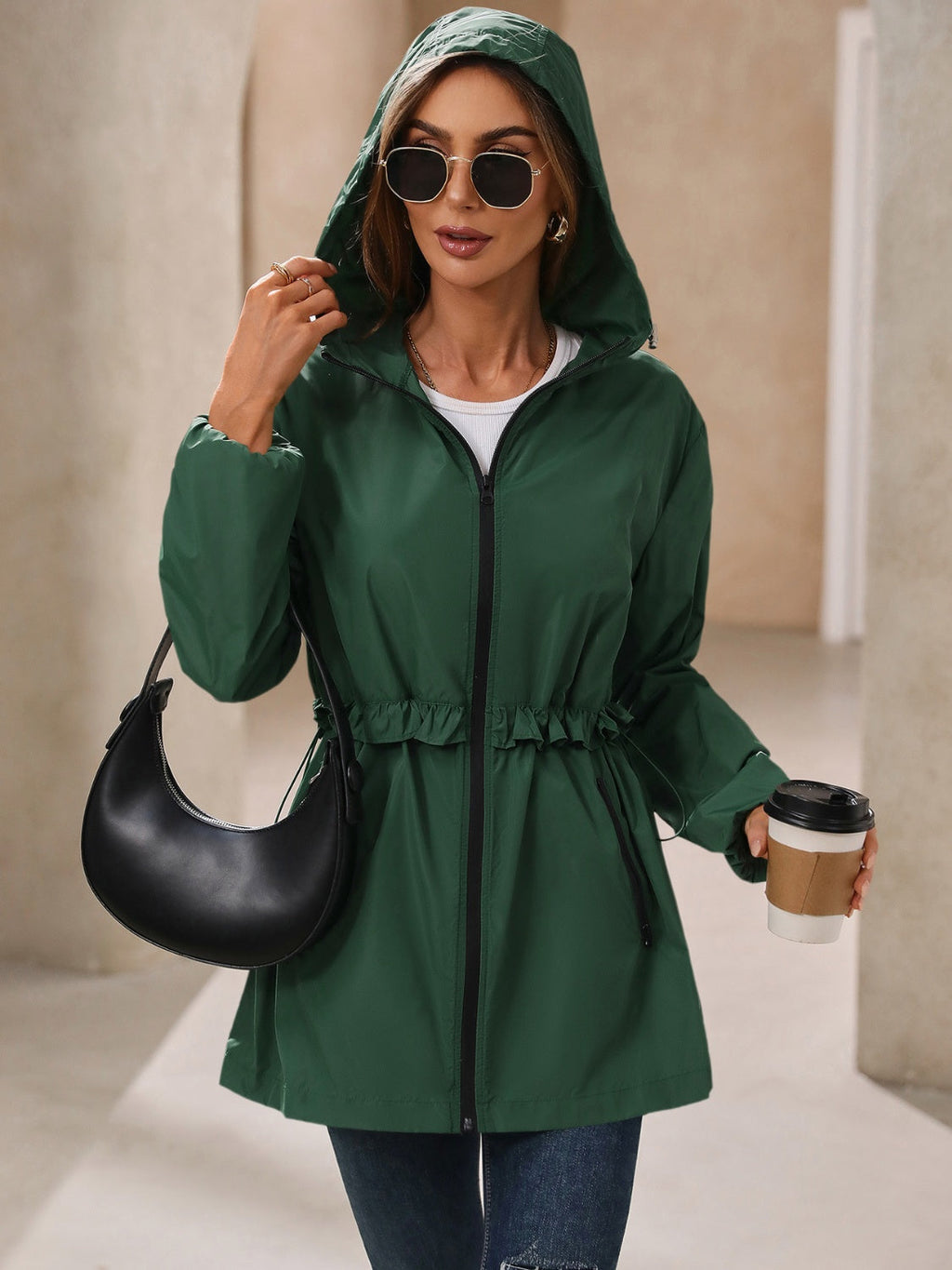 Women's Waterproof Hooded Windbreaker Jacket with Waist Detail - Image 18