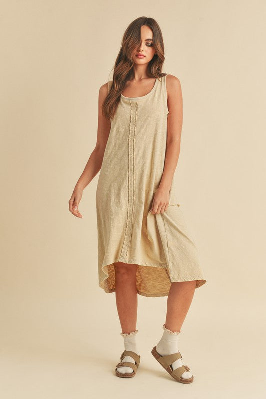 High-low hem midi tank dress with a classic scoop neckline in a solid color