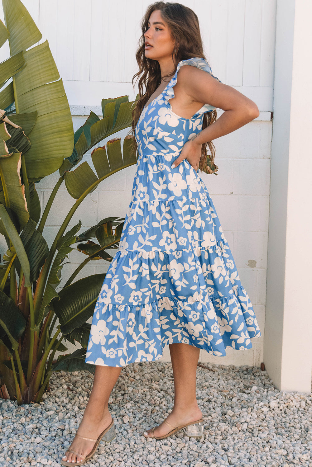 Sky Blue Floral Chiffon Flutter Sleeve Midi Dress