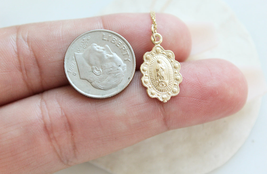 14k Gold Our Lady of Guadalupe Scalloped Necklace