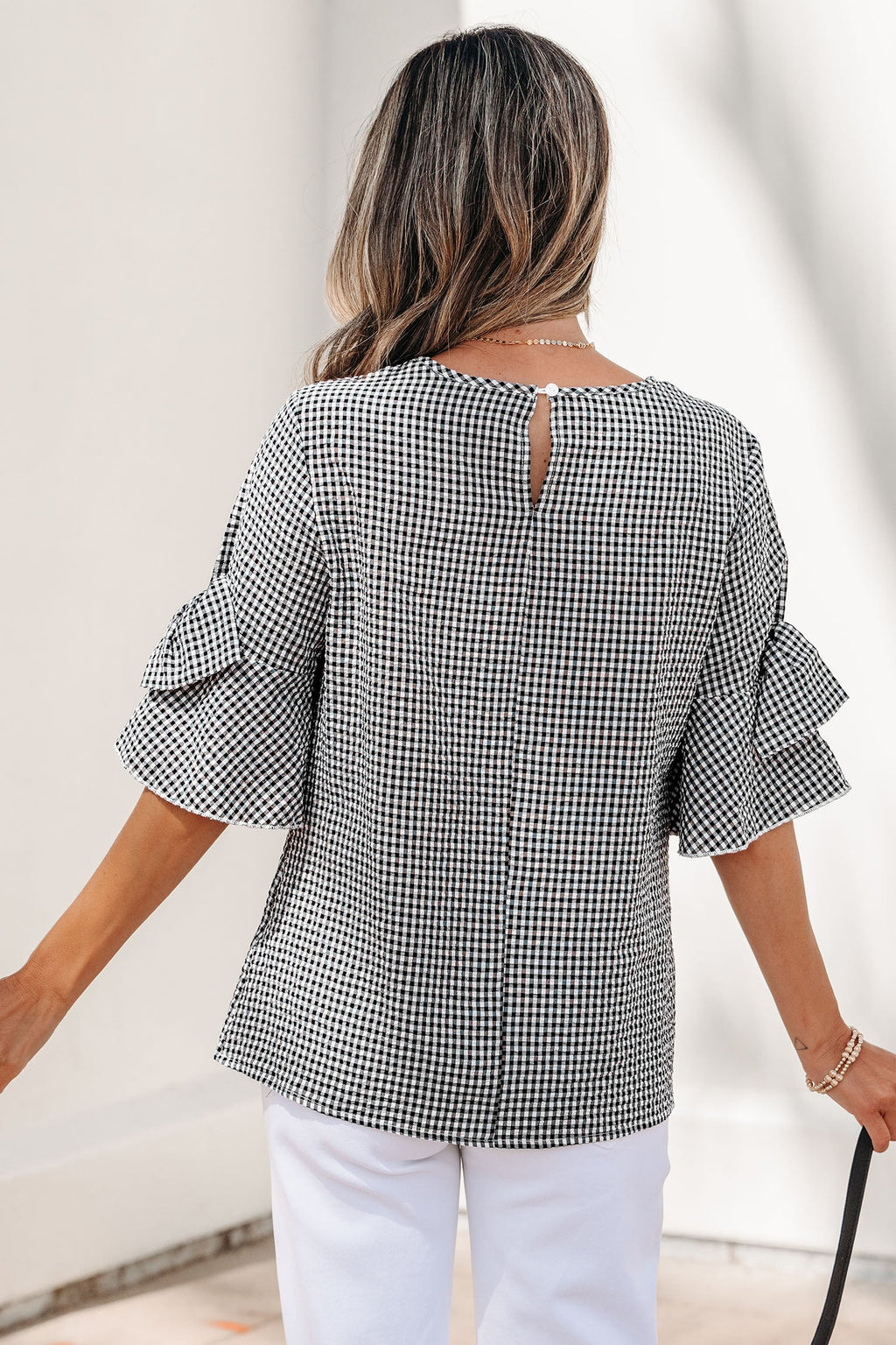 Carolina Ruffled Half Sleeve Blouse with Bow Detail and Plaid