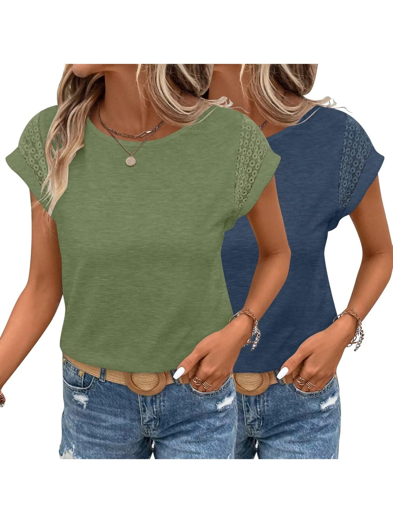 Two Pack Women's Cap Sleeve Tops with Lace Trim Details - Image 3
