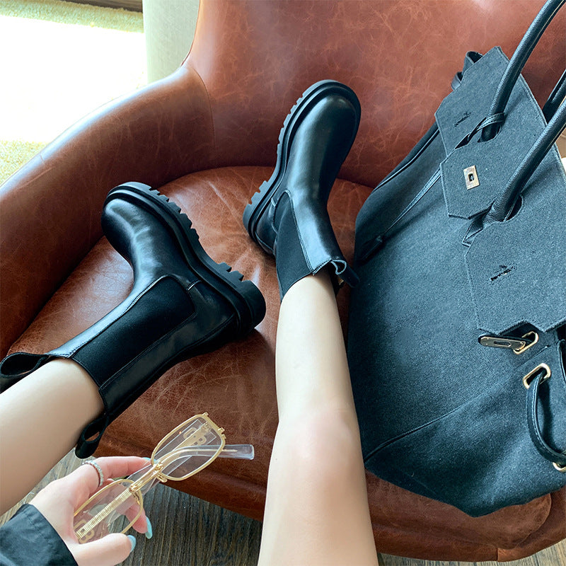 Women’s British-Style Mid-Calf Leather Boots with Thick Sole