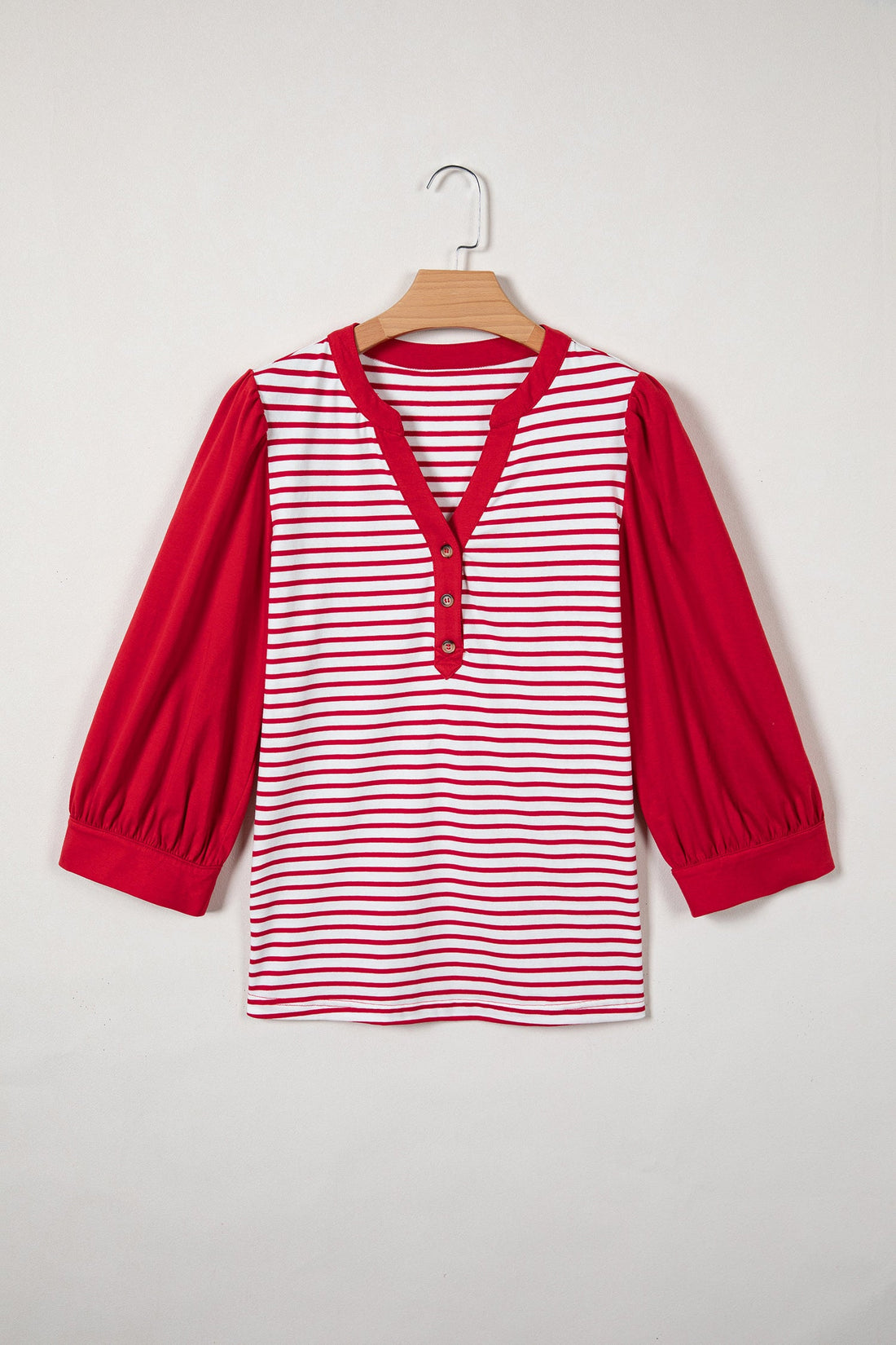 Wrenley Striped 3/4 Sleeve Patchwork Top with Split Neck