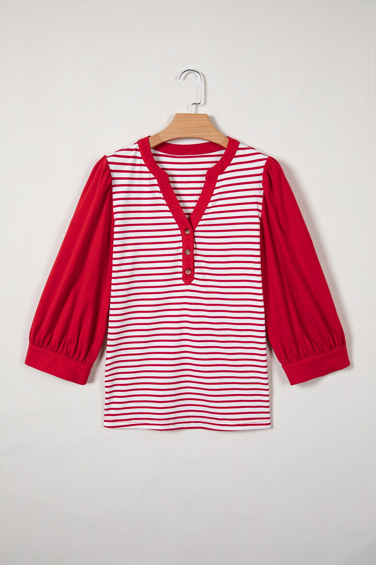Wrenley Striped 3/4 Sleeve Patchwork Top with Split Neck
